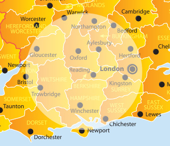 Basingstoke, Southampton, Reading, Winchester, Portsmouth, Oxford, Andover, Bracknell, Guildford, Newbury, Slough, Bournemouth, Poole, Bristol.